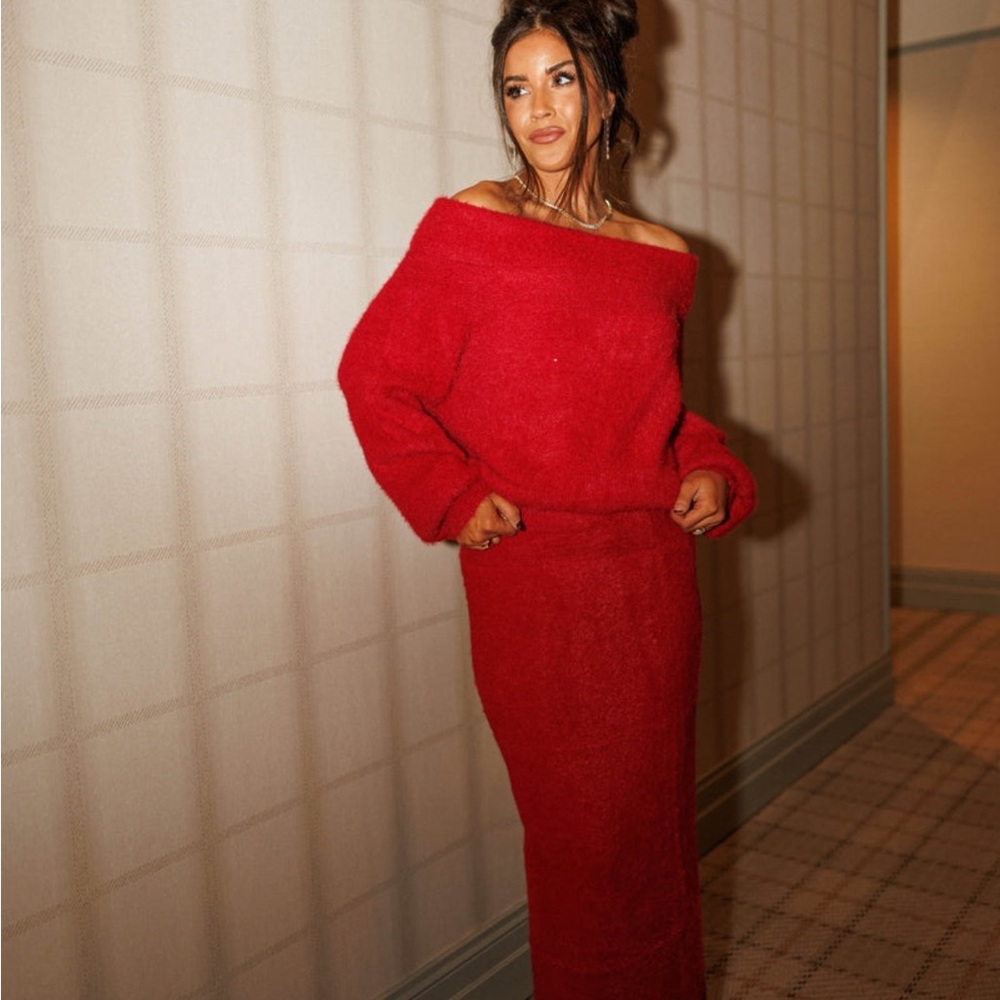 Elegant Red Off-Shoulder Sweater Dress